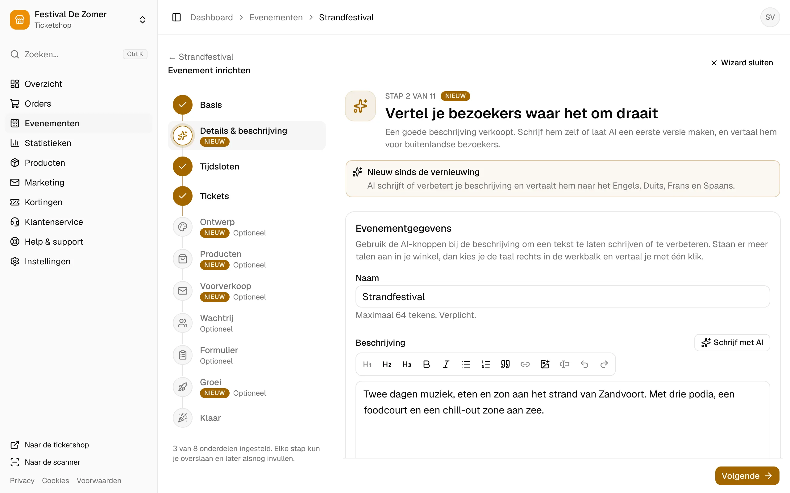 De eerste stap van de wizard: de gegevens van het evenement.