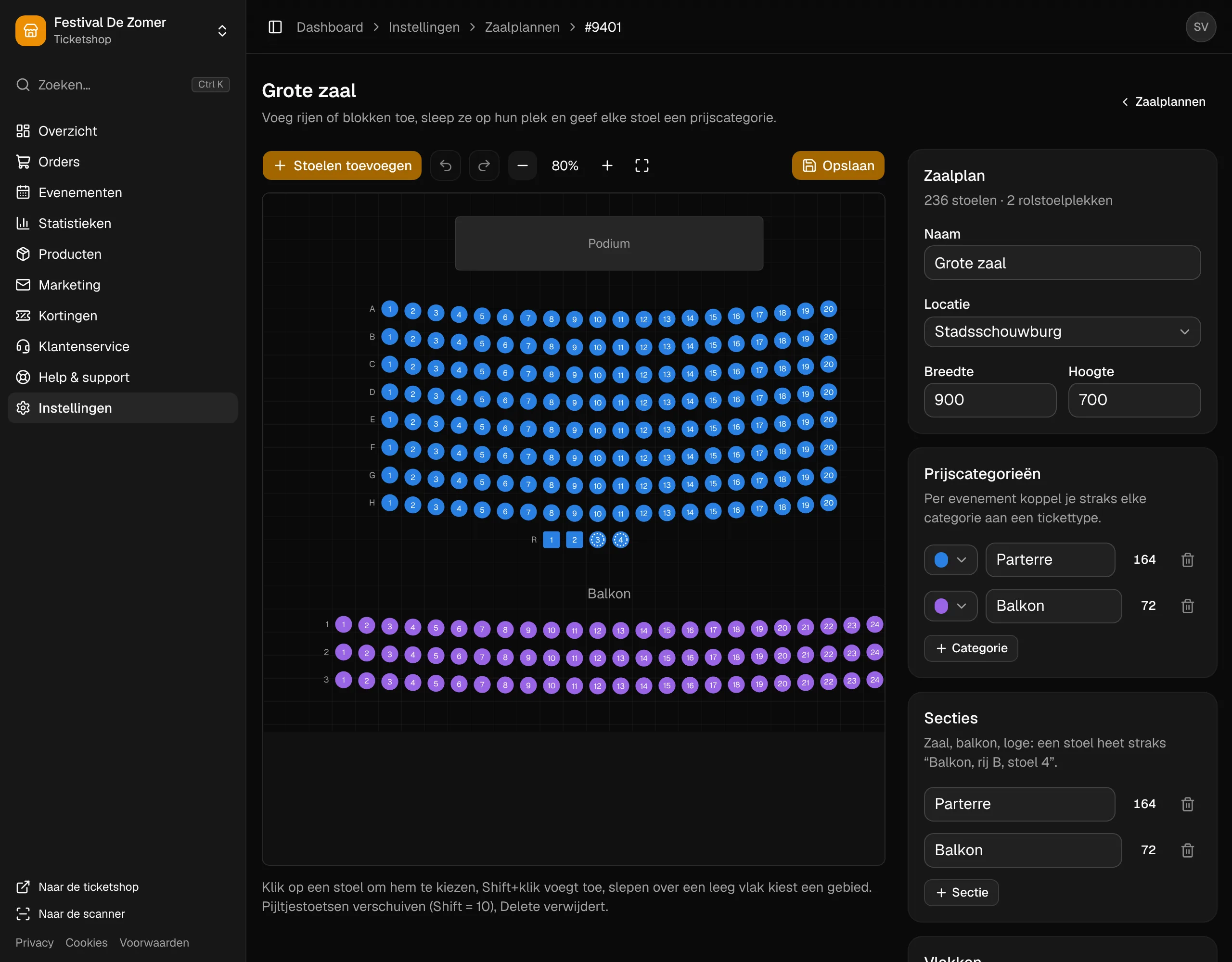 Het zaalplan van een schouwburg in de editor.