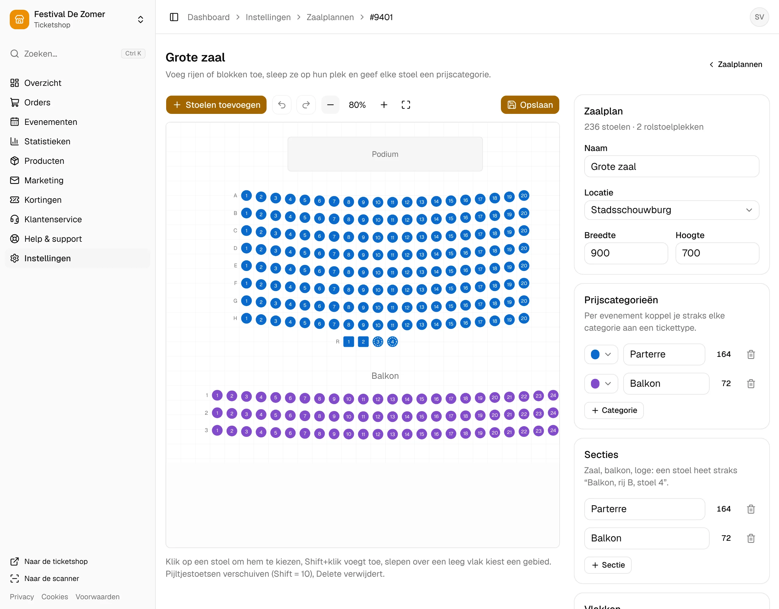 Het zaalplan van een schouwburg in de editor.